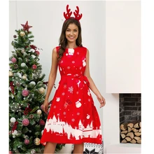 Vestido de Navidad de cuello redondo sin mangas para mujer, ropa Sexy y elegante con estampado Retro de Papá Noel para verano y Navidad, gran oferta (3)