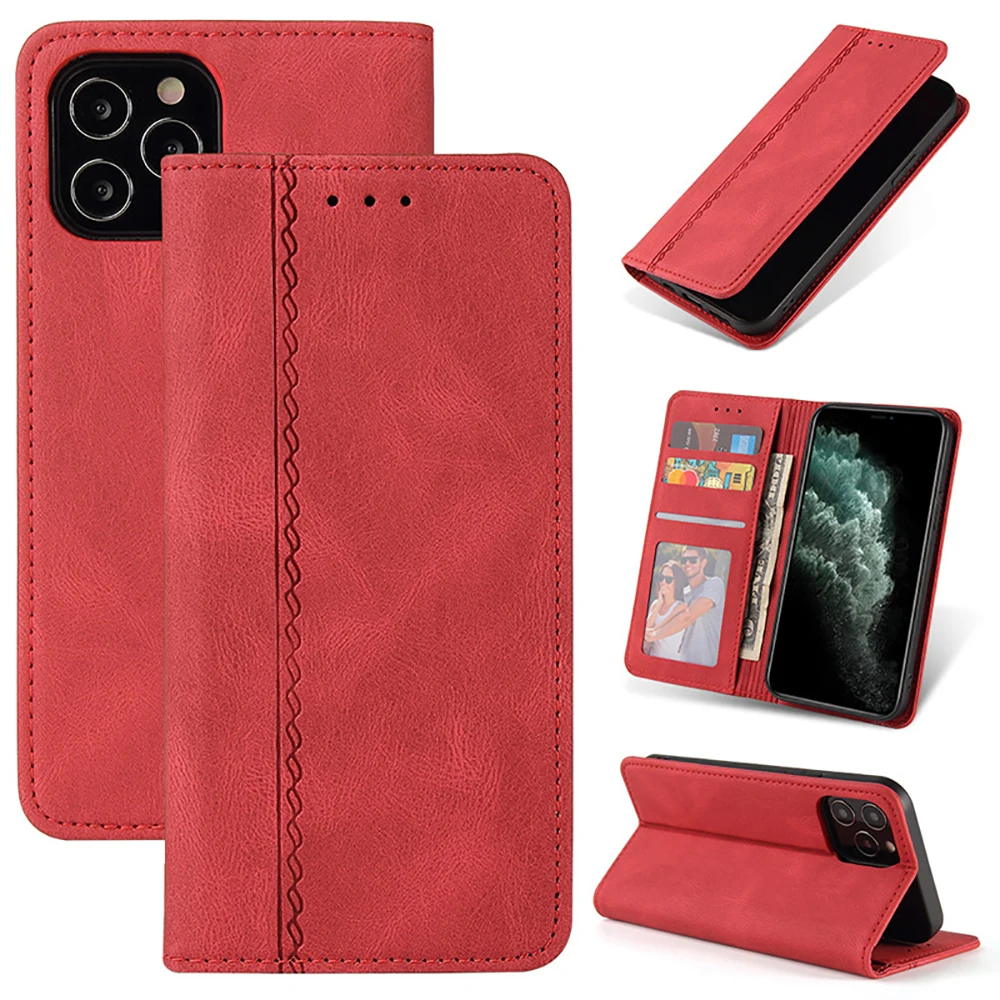 

Solid Color Line Flip Phone Case For Iphone13 Pro Promax Mini Handmade Leather Card Package Anti-fall Shockproof Phone Cover