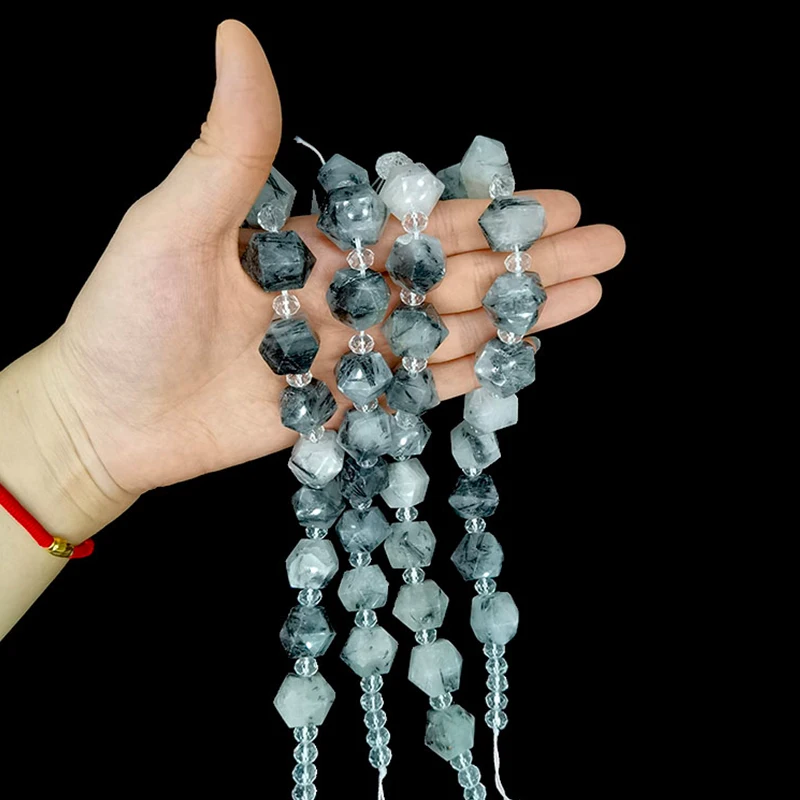 

14-16X20-22mm Black Rutiated Quartz Crystal Column Hexagonal Faceted Gemstone Pendant for Jewelry DIY Bracelet Necklace