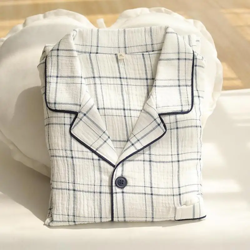 

Spring Autumn Couple Cotton Pajamas Trouser Suits Japanese Simple Style Plaid Embroidery Loungewear Loose Home Clothes Pijamas
