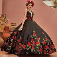black ball gown quinceanera dresses 2020 v neck lace appliques sweep train sweet 16 dress vestidos de 15 a%c3%b1os