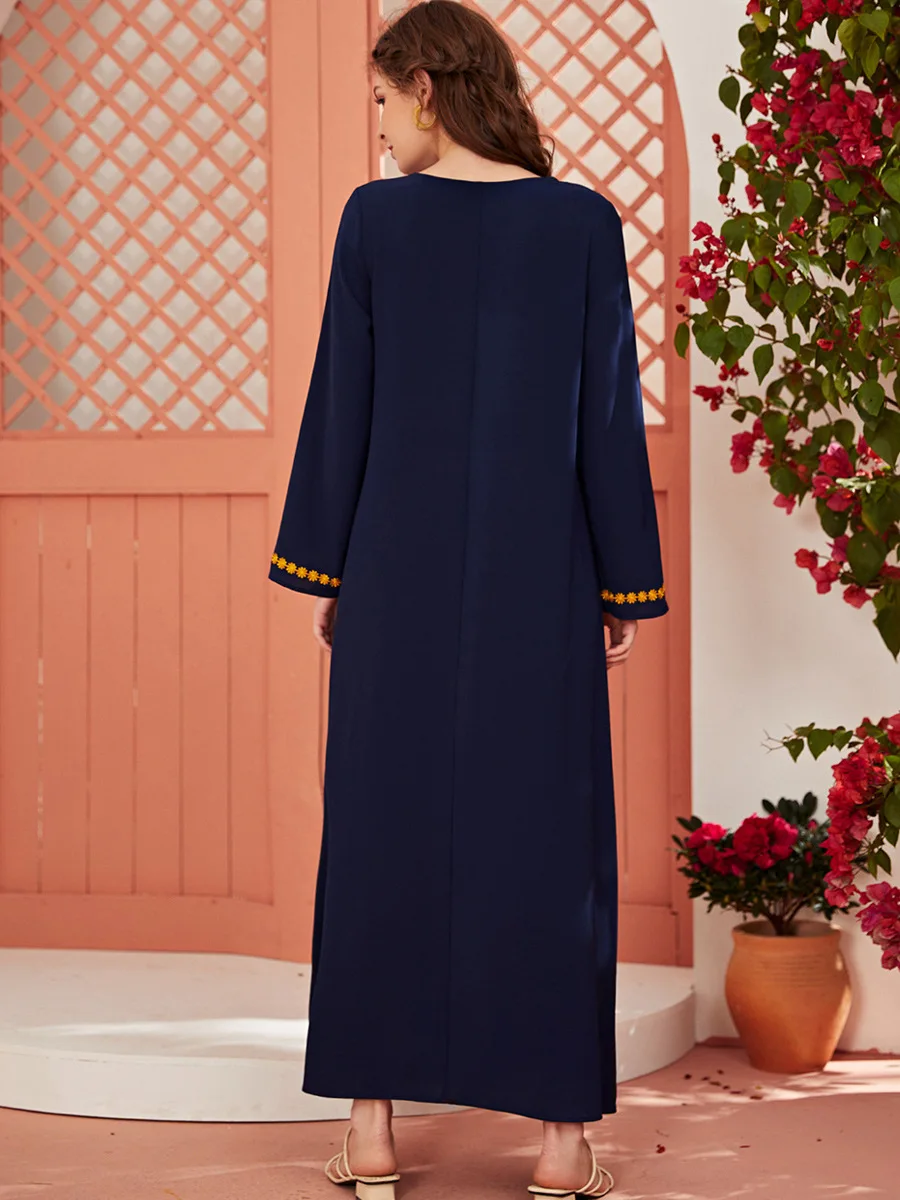 

Long Sleeve Maxi Dress for Women Eid 2021 Navy Blue Elegant Ethnic Floral Embroidery Oman Arabic Kuwait Muslim Clothes