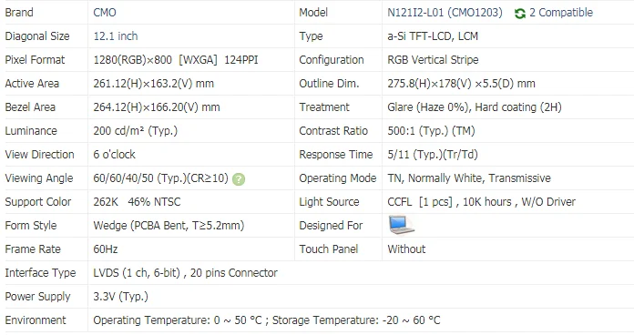 N121I2-L01 Rev C1 20 PIN XF 12, 1   -