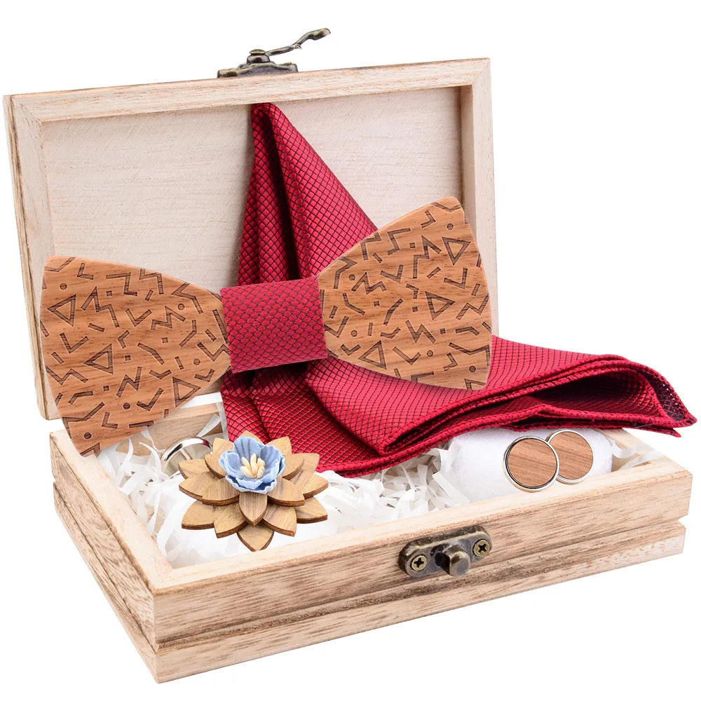 Мужской однотонный деревянный галстук бабочка набор из дерева платок запонки