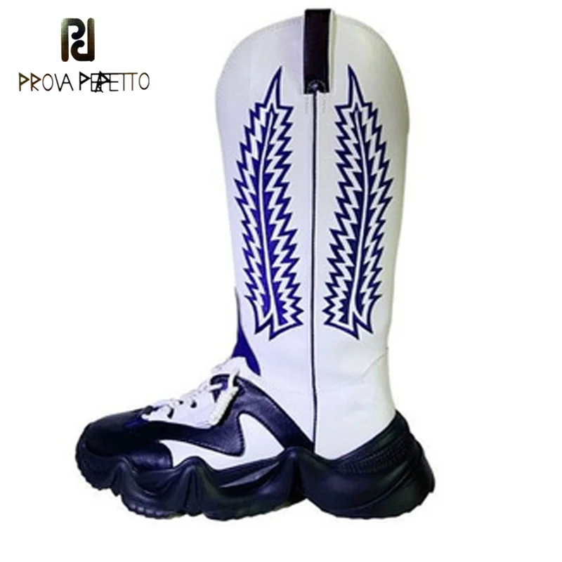 

New Sponge Cake Thick-soled Stitching V-mouth Embroidery Cross-lace Long Barrel Western Cowboy Boots Retro Knight Fashion Boots