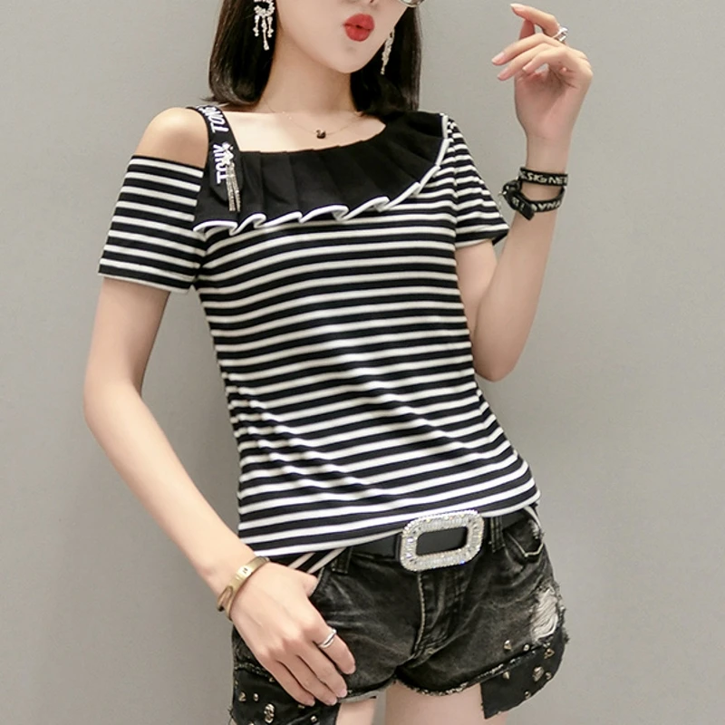 Женская футболка с открытыми плечами сексуальная хлопковая Футболка вырезом