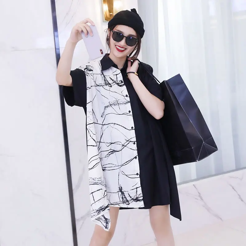 

XITAO Summer New Shirt Contrast Color Asymmetrical Print Fashion Casual Turn-down Collar Loose Women Trendy All-match WMD0205