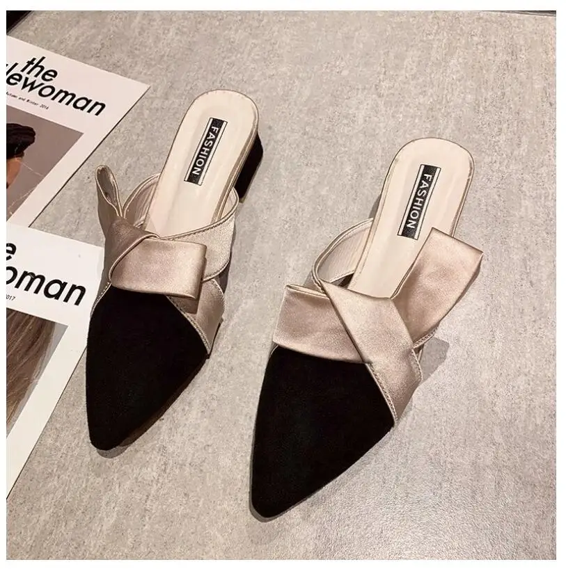 2021 summer new mid-heel bowknot ladies slippers pointed high heels slippers ladies fashion women's shoes