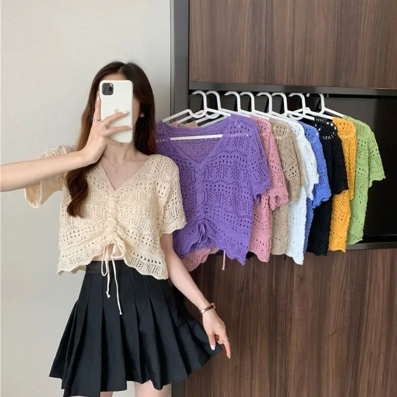 

Hollow thin top summer 2021 NewLoose Female Pullover Short V-neck Out Knitted Drawstring Three Quarter Sleeve Ladies Crop Tops