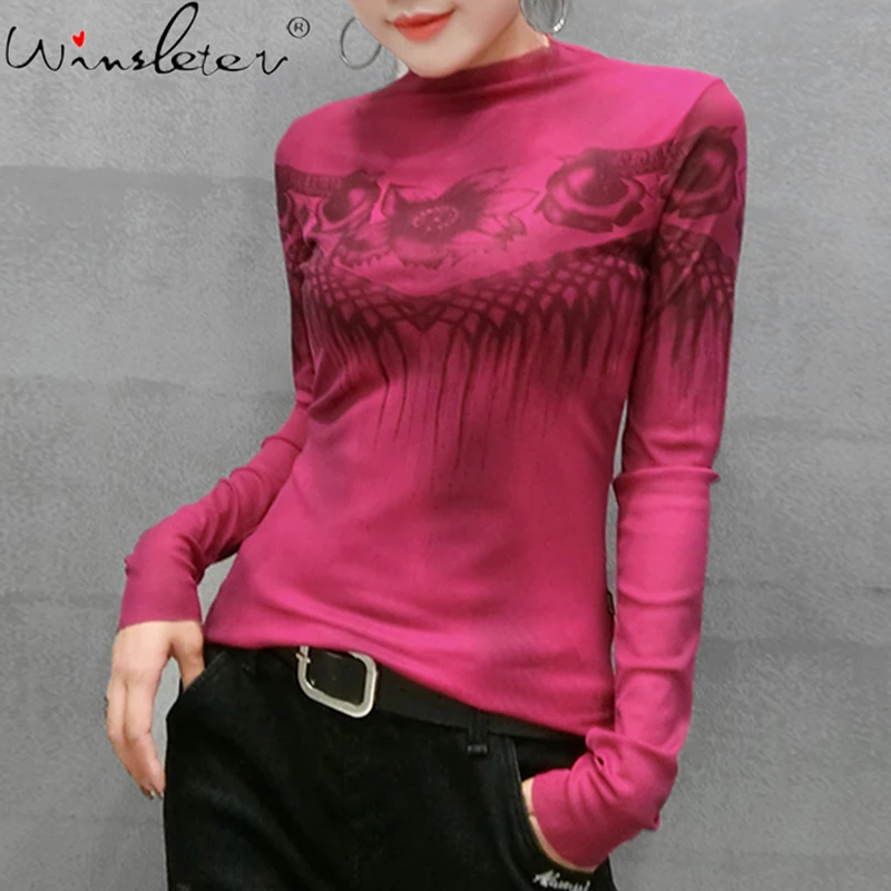 

Светильник с цветочным принтом, тонкая сетчатая газовая футболка, Женская водолазка с длинным рукавом, тонкие базовые повседневные женские...