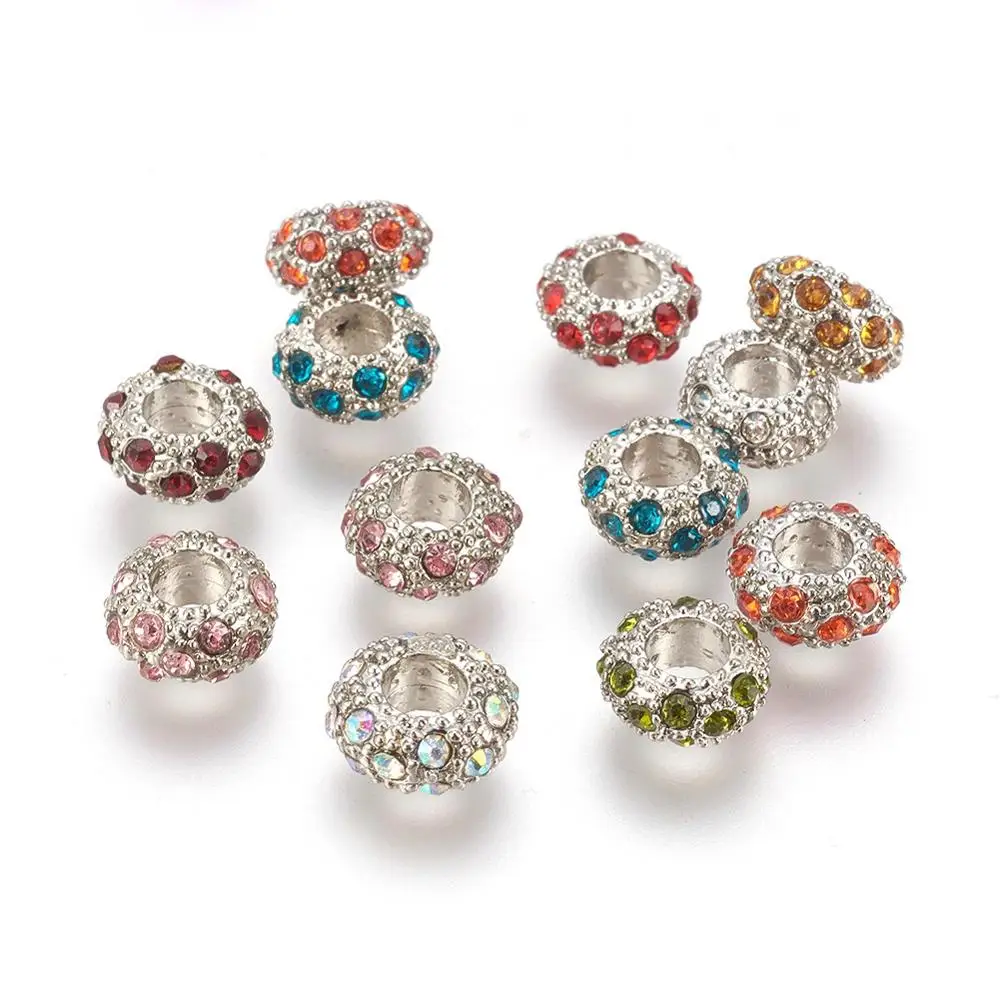 

100Pcs Alloy Rhinestone European Beads Large Hole Rondelle Beads For Charms Bracelet Jewelry Making Mixed Color 11x6mm Hole 5mm