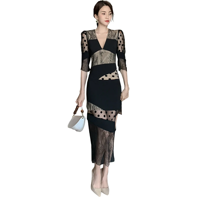 

Spring Sexy Dresses Party Night Club Wear for Ladies Women Sheath Fall Black Polka Dot Dress Women Half Sleeve See Through Dress