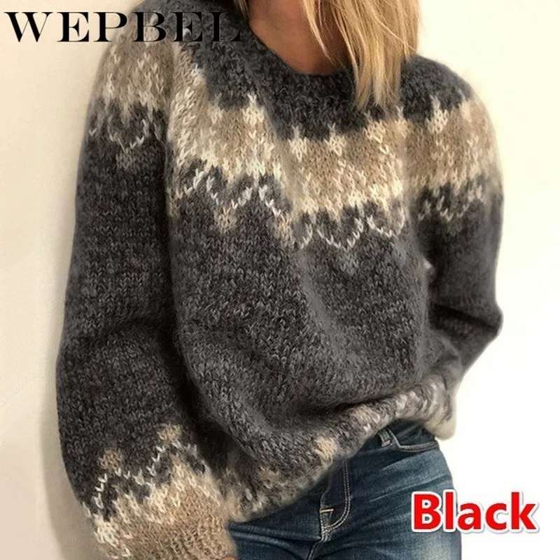 

WEPBEL Women's Long Sleeve Knitted Sweater Casual Loose Vintage Pullovers Sweaters Ladies Autumn Winter Keep Warm Sweaters Tops