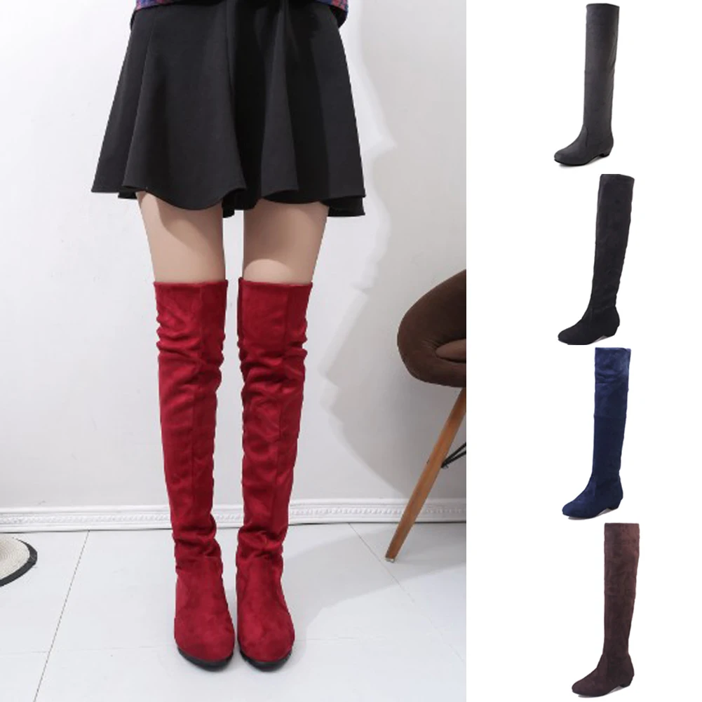 Alta sobre o Joelho Botas de Veludo Botas de Equitação Moda Feminina Inverno Quente Senhoras Cor Sólida Baixo Calcanhar Elástico Camurça Sapatos