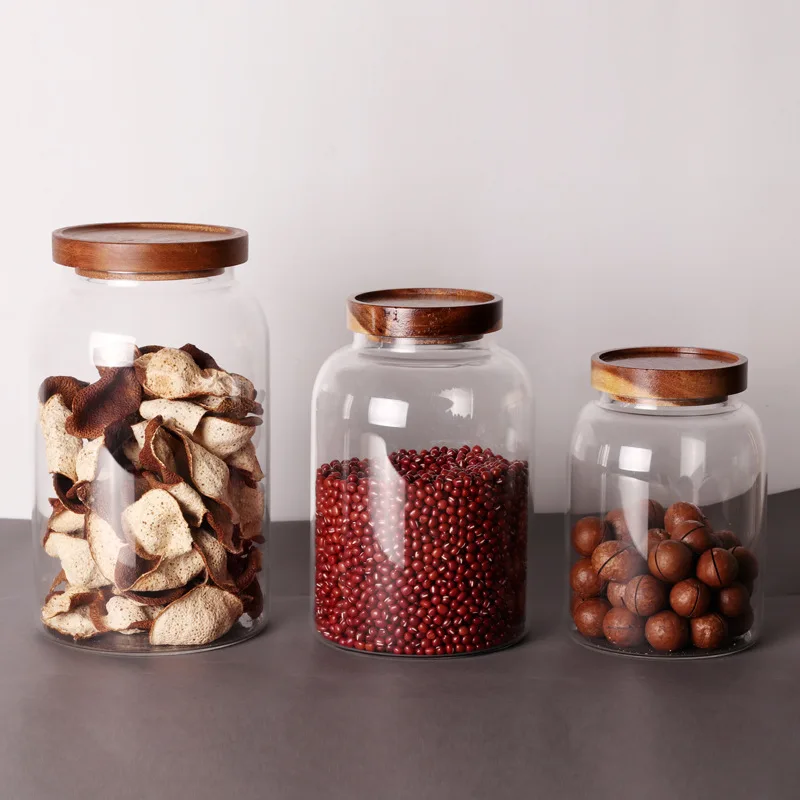 

Wood Lid Glass Transparent Kitchen Storage Bottles Jars Food Container Grains Tea Coffee Beans Grains Candy Jar Containers