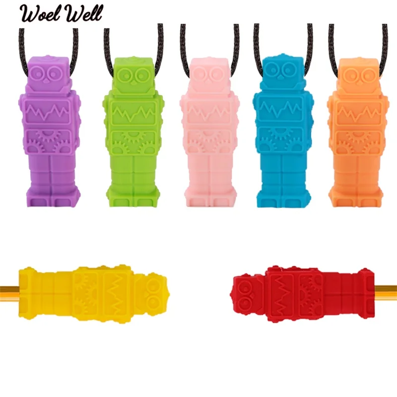 2pcs/set Baby Teether pendant Pencil Topper Robot Chew Necklace Food Grade Silicone Sensory Chewing Figurine Toy Kid Autism ADHD | Мать и