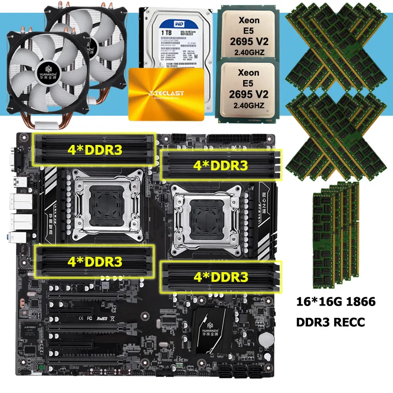 Billig HUANANZHI X79-16D Motherboard Mit Dual Xeon Prozessor E5 2695 V2 CPU Kühler 240G SATA SSD 1TB HDD RAM 256G(16*16G) 1866 RECC
