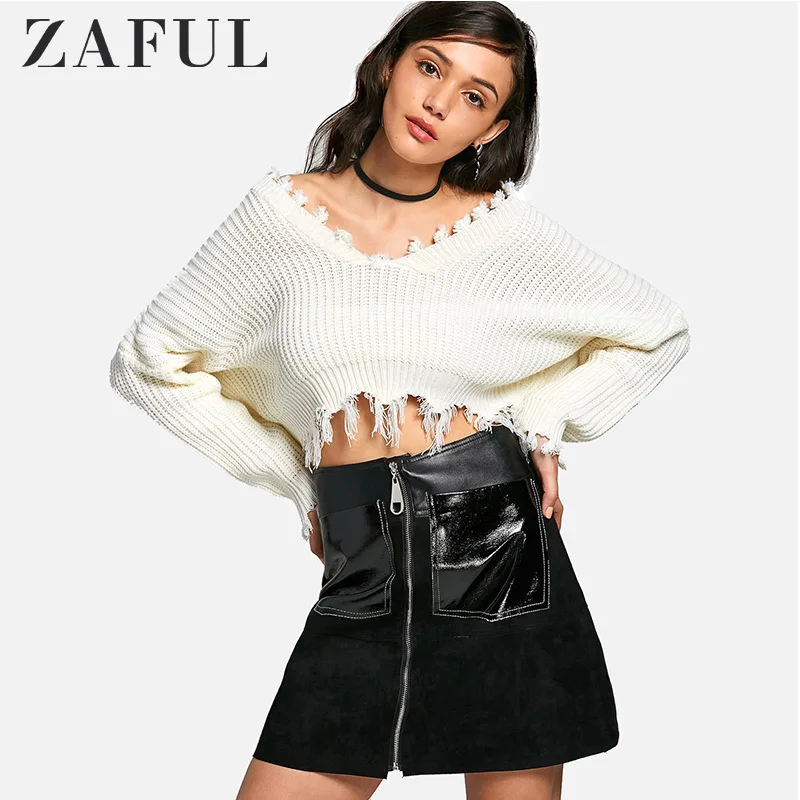 ZAFUL потертый укороченный оверсайз пуловер свитер полный рукав с вырезом в виде
