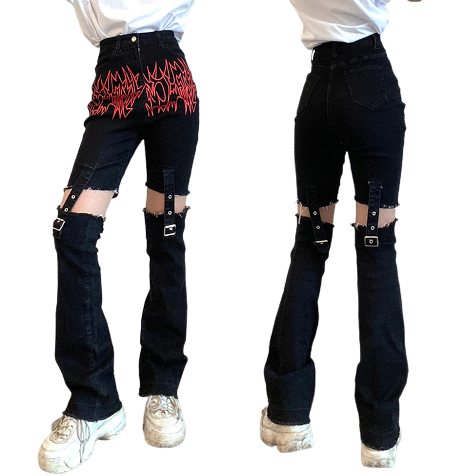 

New Arrival Stylish Female Long Jeans, Flame Print High Waist Hollow Out Trousers Pants for Spring Summer Fall, Black, S/M/L