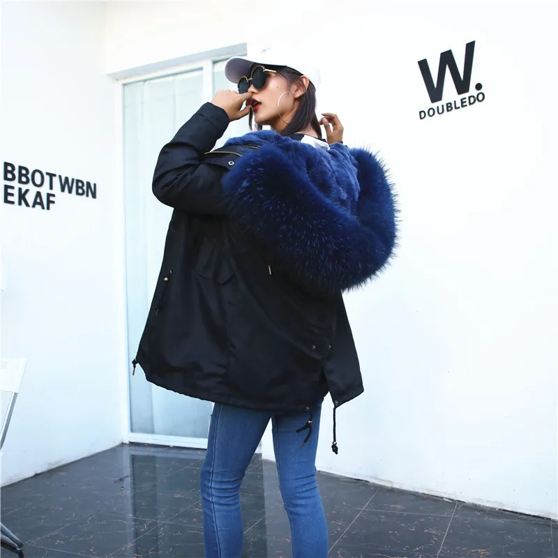 Oversive thikcer на натуральном меху куртки женская зимняя обувь длинноворсовый мех кролика съемная подкладка пальто из настоящего меха лисы с капюшоном с меховой опушкой, F10