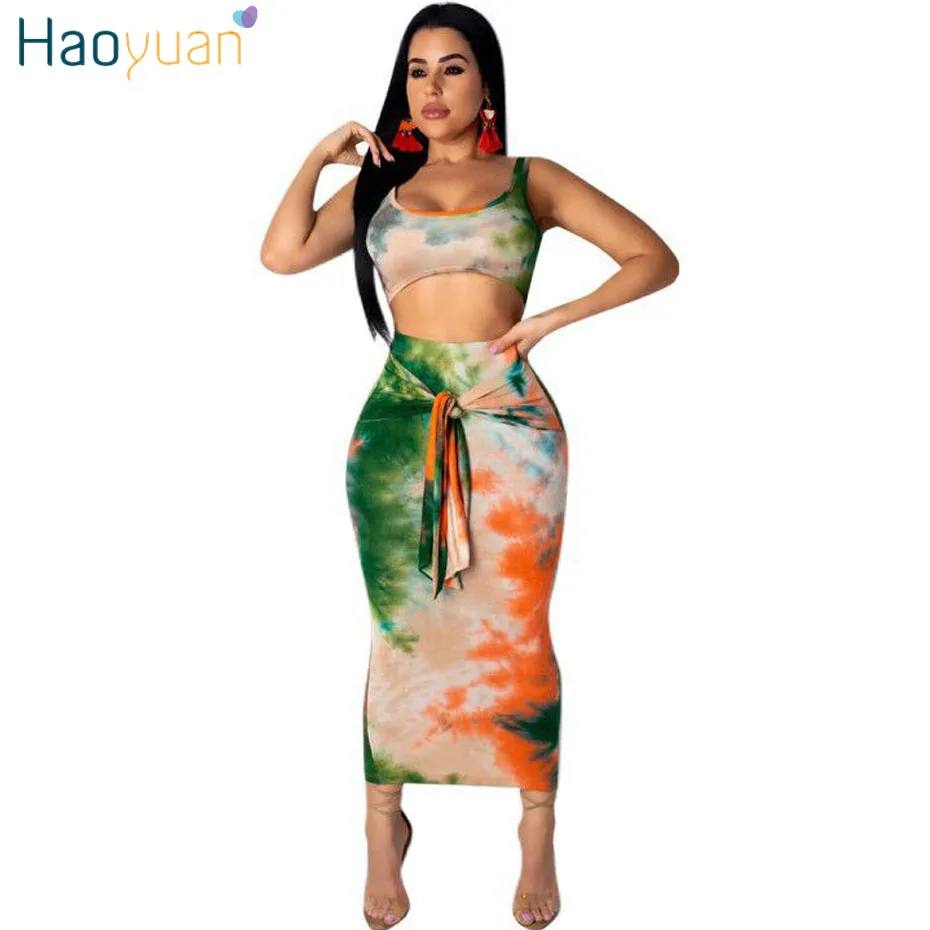 HAOYUAN, сексуальный комплект из двух предметов, Клубные наряды, укороченный топ и юбка миди, облегающая Осенняя праздничная одежда, Женский комплект из 2 предметов