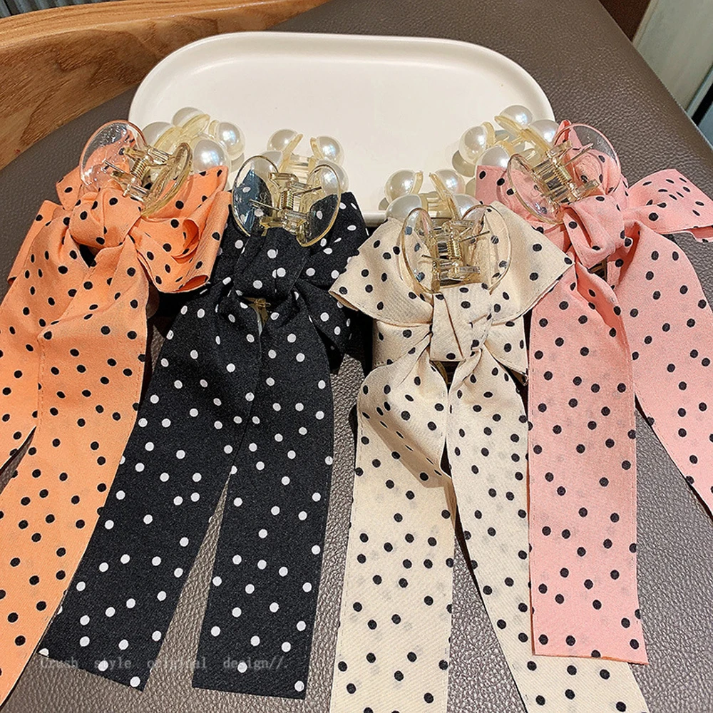 

Retro Dot Bow Ribbon Hair Claws Clamp Hairpin Imitation Pearl Hair Clip for Girls Women Hair Accessories