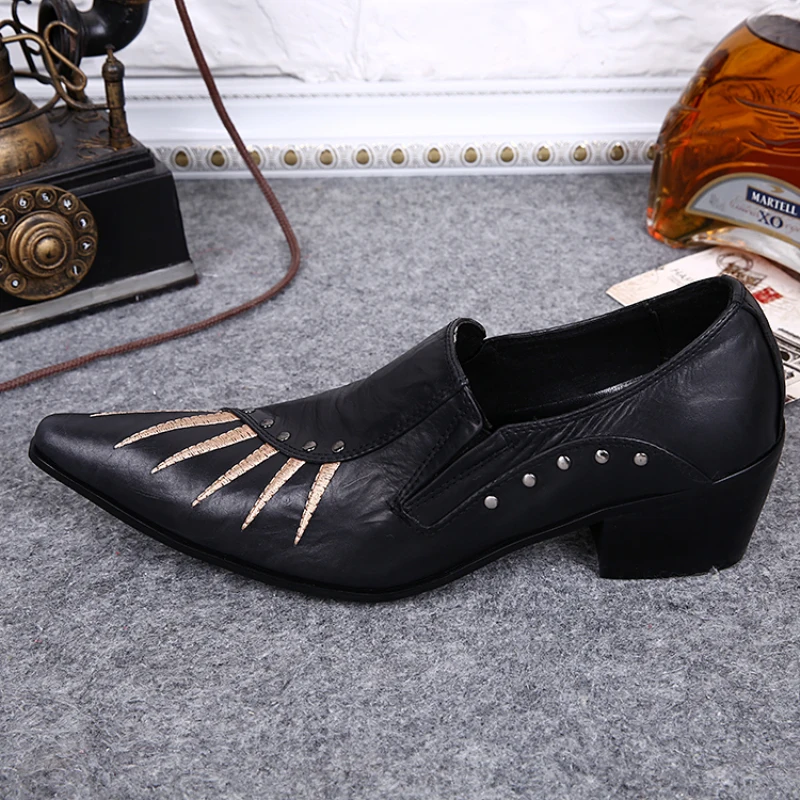 

Christia Bella New Fashion Handmade Man Big Size Pointed Toe Cow Leather Party Shoes Business Formal Male Black Heighten Shoes