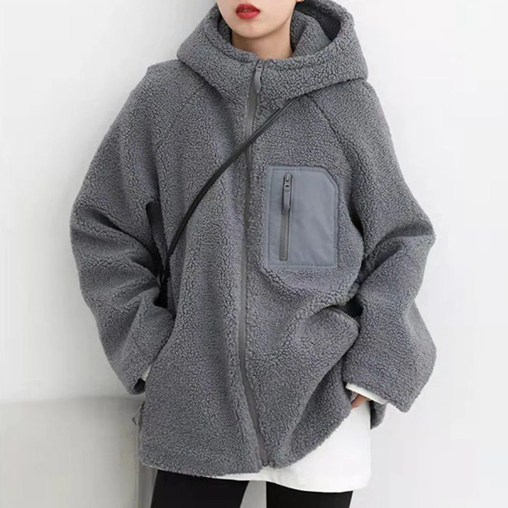

Women Fashion Knits Thicken Jacket Casual Long Sleeve Solid Zipper Hooded Collar Loose Patchwork Winter Cotton Lady Jacket