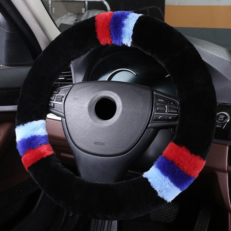 Wool True Leather Car Steering Wheel Cover Fit For 36-42 CM 14.2"-16.5" Braid on Steering-Wheel Auto Carpet Winter Warm Soft