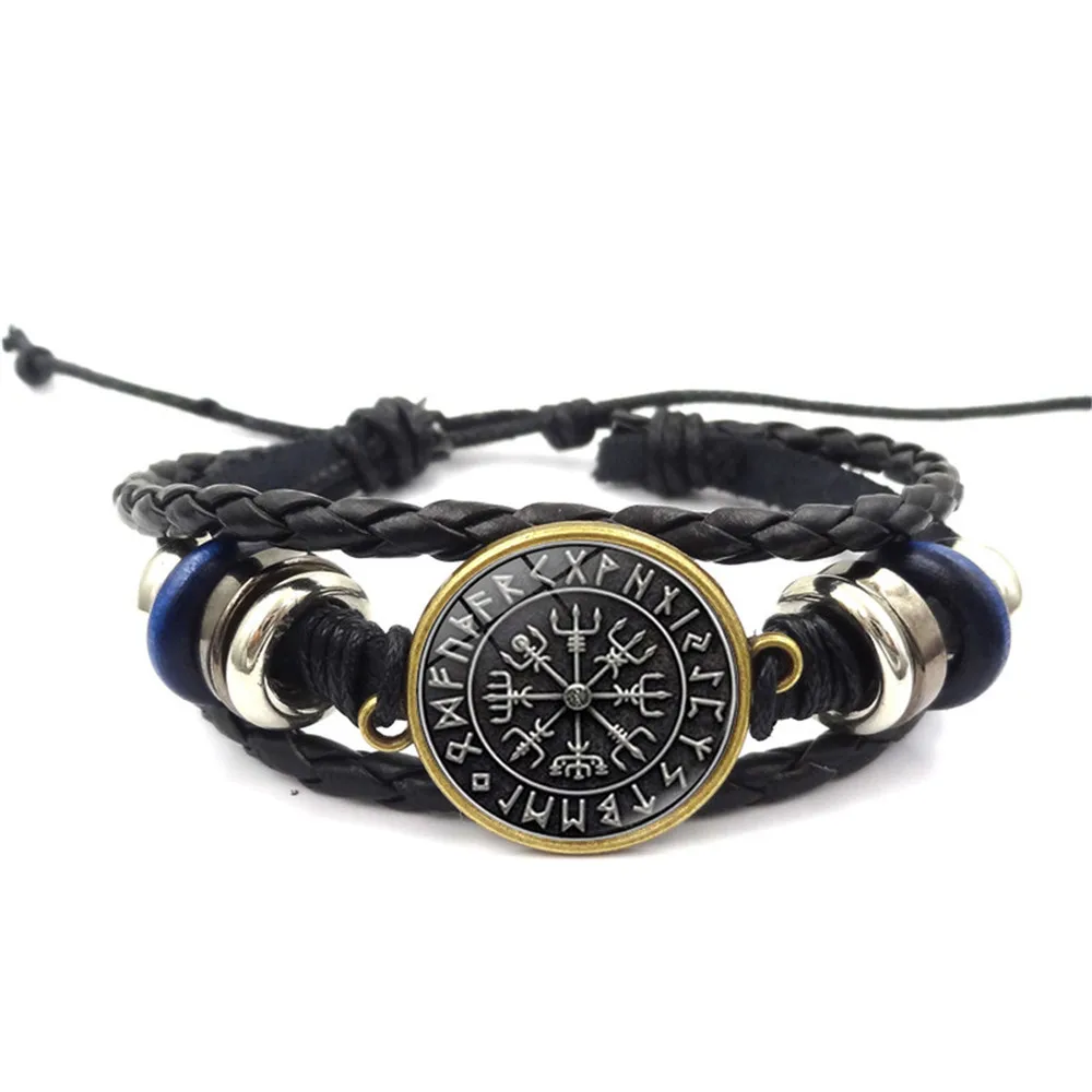 

Vintage Multilayer Weave Charm Bracelet Men Jewelry Vegvisir Viking Compass Rune Amulet Collier Snap Button Leather Bracelet