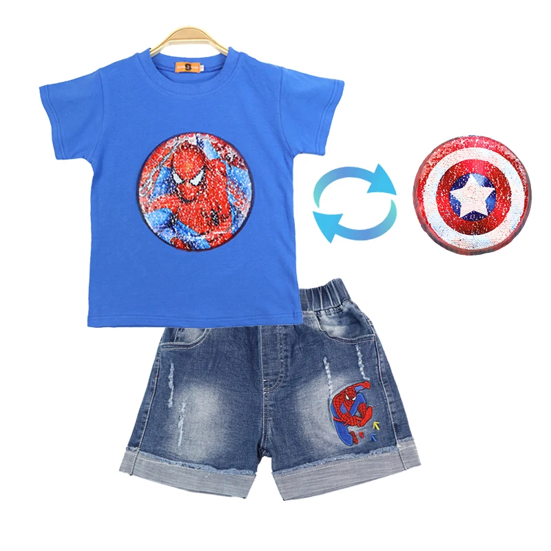 

Summer Boy's Sets Jeans + T-shirt Velcro Sequins Change Graphic Cotton Children Two Pieces Of Spiderman Superhero 3-8 Years Old