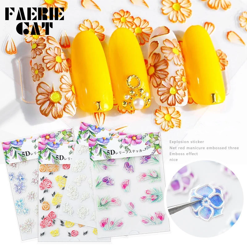 

31 Types 5D Acrylic Engraved Flower Leaf Nail Art Sticker Self-adhesive Embossed Outline Colorful Summer Decals Nail Decorations
