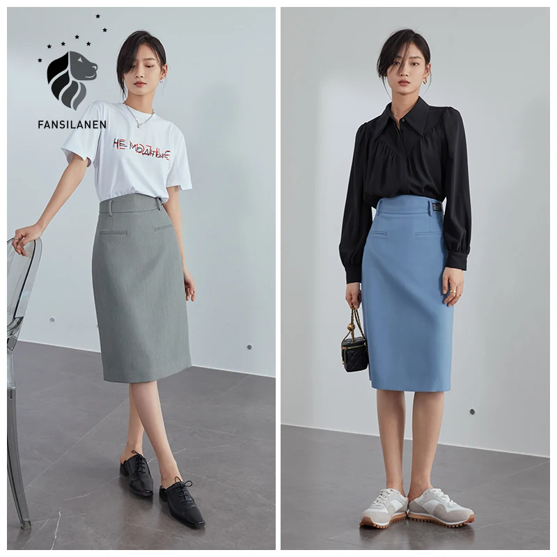 

FANSILANEN Office Women High Waist Straight Hip Skirt Women Mid-length A-line Half-length Skirt 2021 Summer Woman Skirts