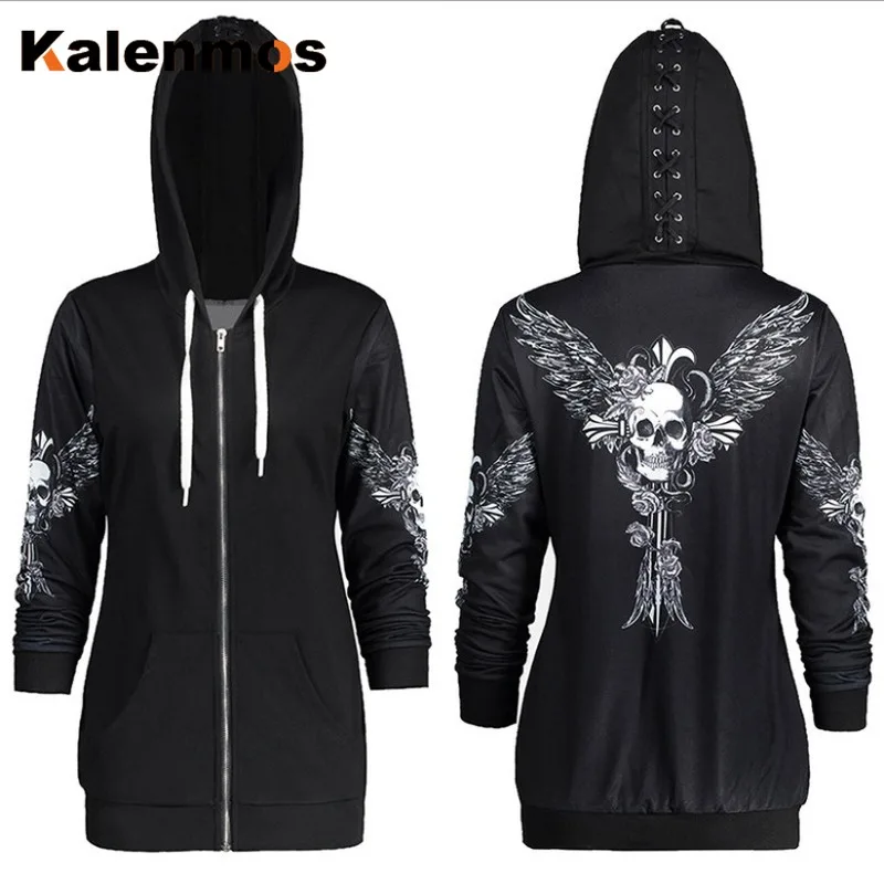 Толстовки с капюшоном и принтом в виде крылышков черепа женские спортивные