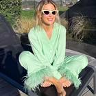 Пижама с перьями Restve для женщин, комплект из 2 предметов, Зеленый Топ с длинным рукавом и отложным воротником, вязаные женские комплекты с брюками, повседневные 2022