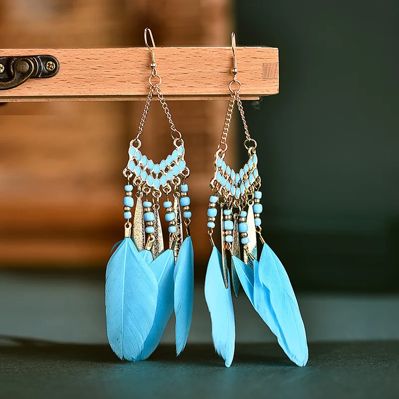 

Bohemian style new fashion long fan-shaped tassel feather temperament women's Earrings accessories manufacturers wholesale