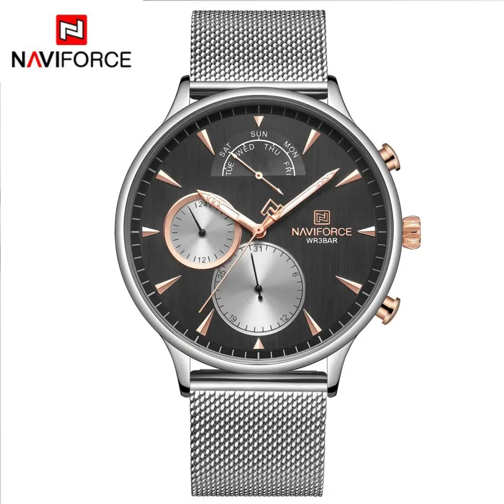 Silver Black NAVIFORCE часы мужские s часы лучший бренд роскошные часы мужские повседневные сетчатые стальные 3ATM водонепроницаемые спортивные часы Relogio Masculino - Цвет: Silver Black