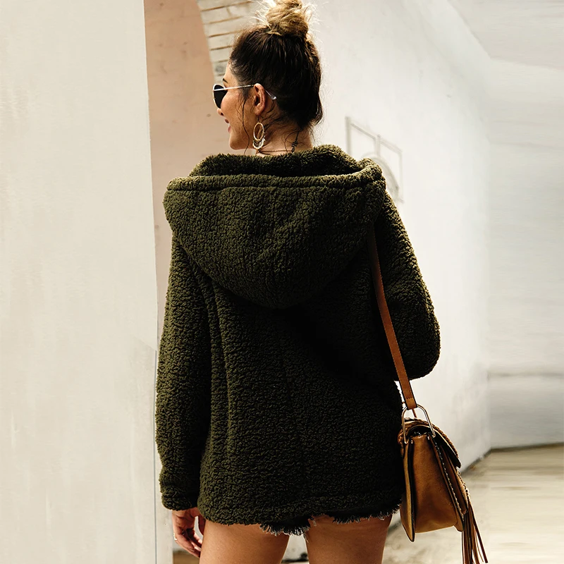 

Women Autumn V Neck Long Sleeve Casual Hoodies Solid Loose Teddy Pullover With Pockets Sudaderas Fleece Hooded Sweatshirt