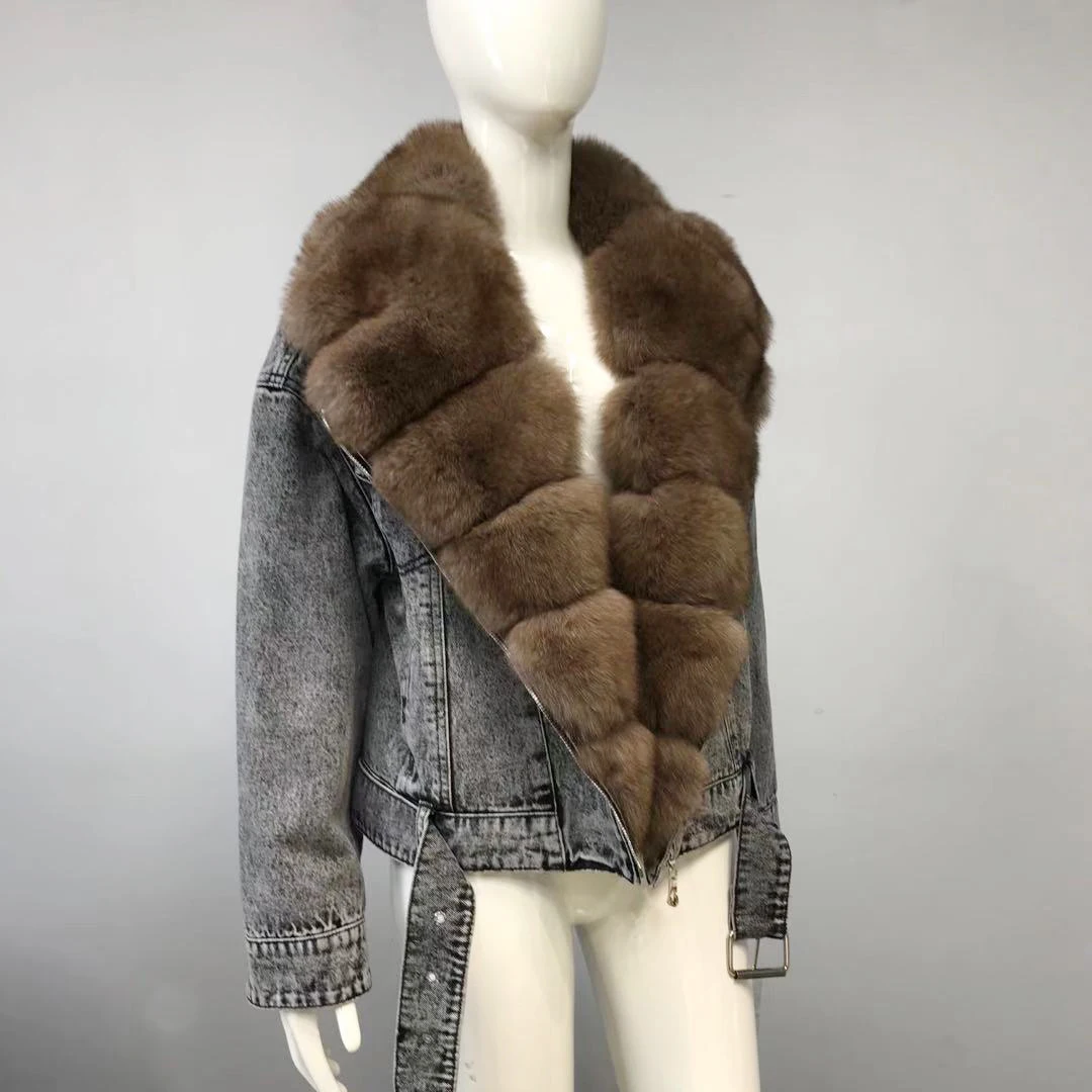 Fashion Real Fox Fur Coat Women Natural Winter High Quality Denim Jacket With Big Fox Fur Collar Luxury Fur Overcoats Woman 2022