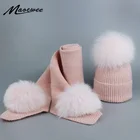 Шапка с помпоном из натурального Лисьего меха зимние шерстяные хлопковые шапки и шарф комплект для женщин шапка для девочек вязаные шапочки толстые шапочки шарфы