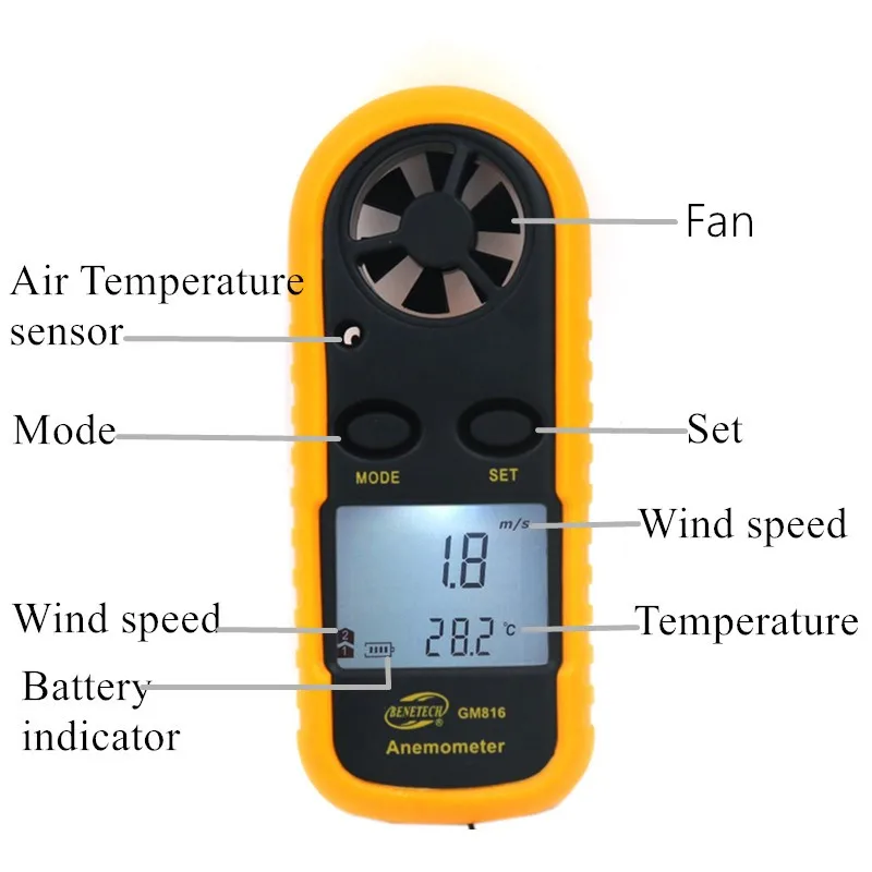 GM816 переносной Анемометр Anemometro термометр измеритель скорости ветра Измеритель 30
