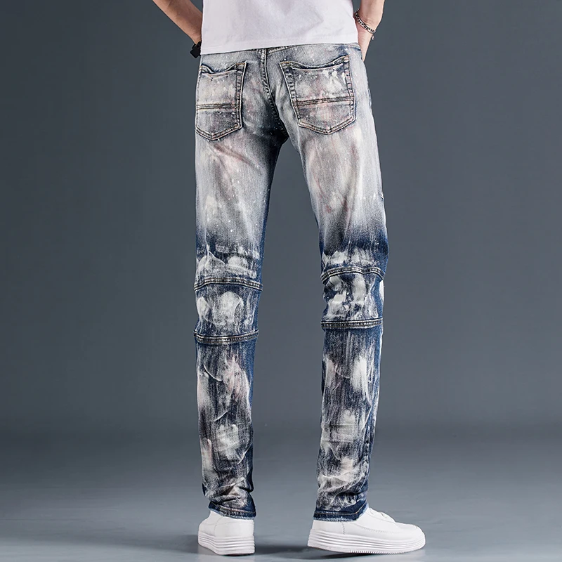 

Vintage Patchwork Elastic Denim Pants Men Personality Ripped Motorcycle Jeans Slim Fit Distressed Pencil Pants Large Size 28-38