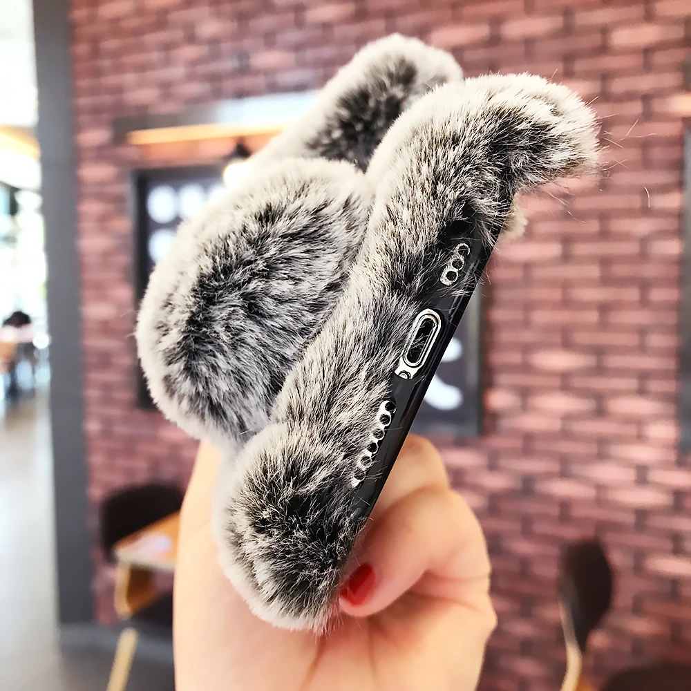 Чехол для iphone 11 Xs Max 8 7 6 6s Plus, милый кролик, шар с ушками, теплый пушистый мех, мягкий ТПУ чехол для телефона, блестящая задняя крышка со стразами