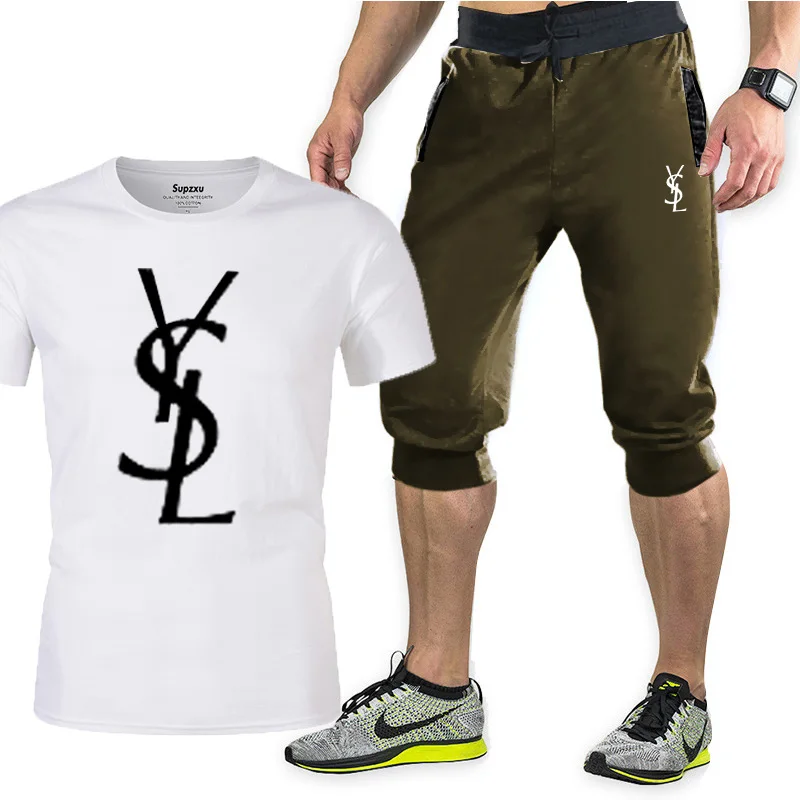 

2021 summer men's pure cotton short-sleeved custom solid color printed T-shirt comfortable and casual top fashion T-shirt + pant