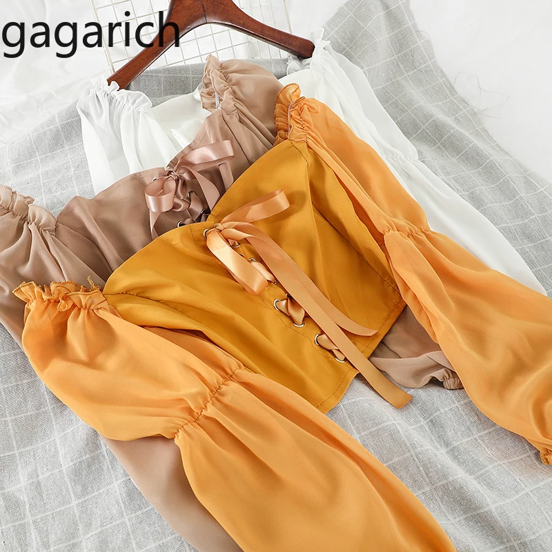 Женская шифоновая блузка Gagarich однотонная короткая с пышными длинными рукавами