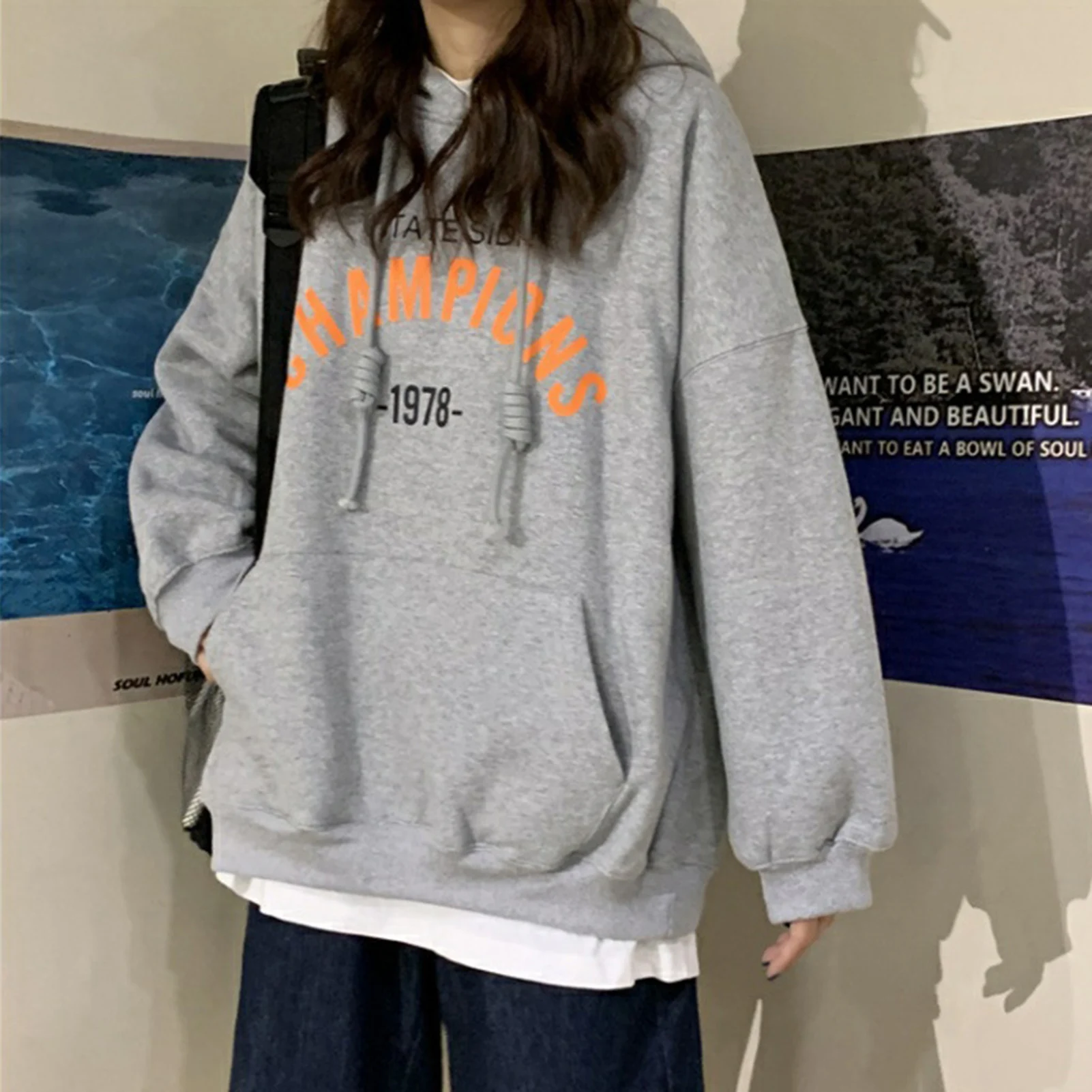 2020 Autumn Plush Pullovers Hoodies Women Warm Sweatshirt Letters Print Long Sleeve Female Womens Loose Casual Woman Tops