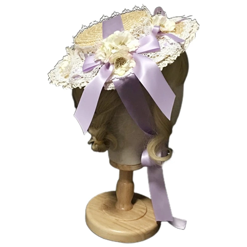 

Women Girls Lolita Elegant Tea Party Flat Hat Multilayer Lace Bonnet Artificial Flower Ribbon Bow Straw Beach Sun Cap