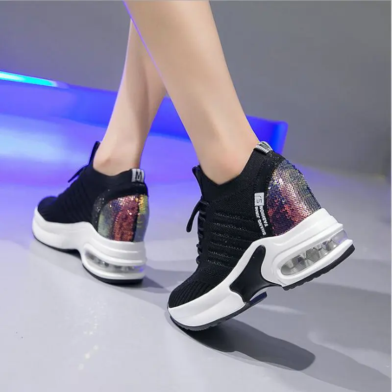 

High Quality Femme Bling Sequin Woman Sneakers Chunky Platform Casual Height Increase Zapatillas Mujer wedges shoes 2019