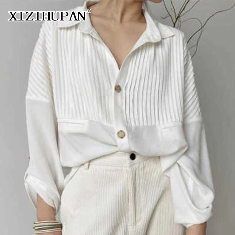 

XIZIHUPAN Минималистичная белая женская рубашка с отворотом с длинным рукавом полосатая корейская мода свободные блузки для женщин осень 2021 од...