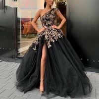 fashion black one shoulder tutu prom dresses sexy high side split formal dresses 3d gold flower beaded prom gowns